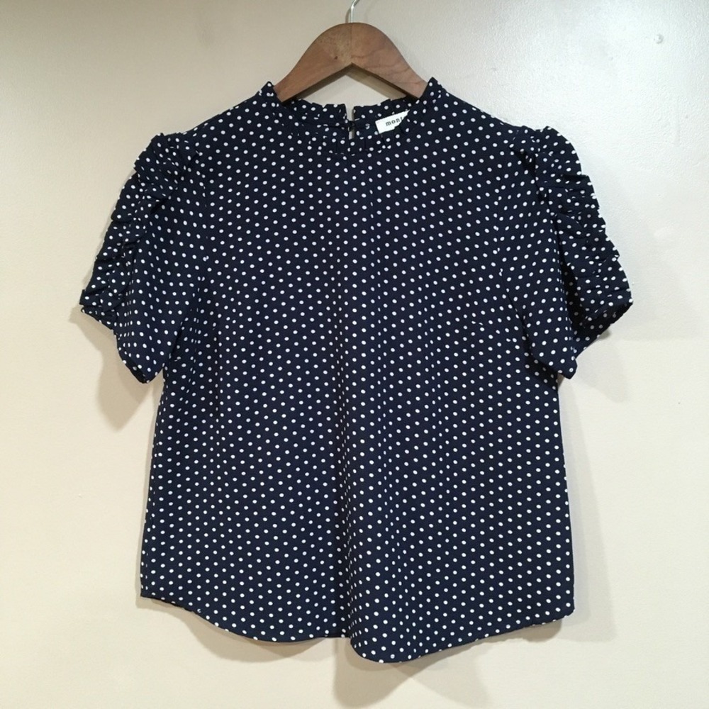 Monteau Polka Dot Ruffle Sleeve Blouse Women M Navy White Classic 50s Rockabilly